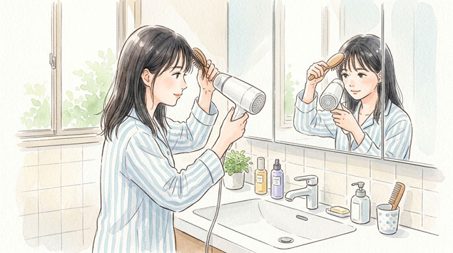 洗面台の前でドライヤーを使いながら前髪を丁寧に乾かしている女性のイラスト