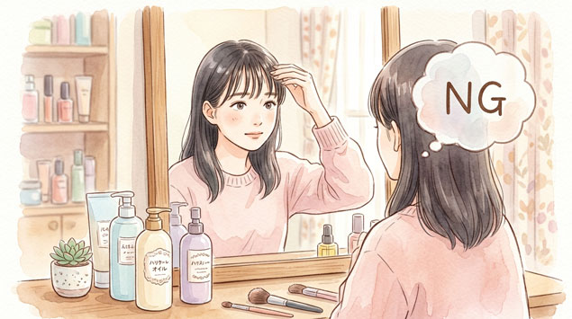 ヘアオイルを前髪に塗りすぎている女性のNG行動を示すイラスト
