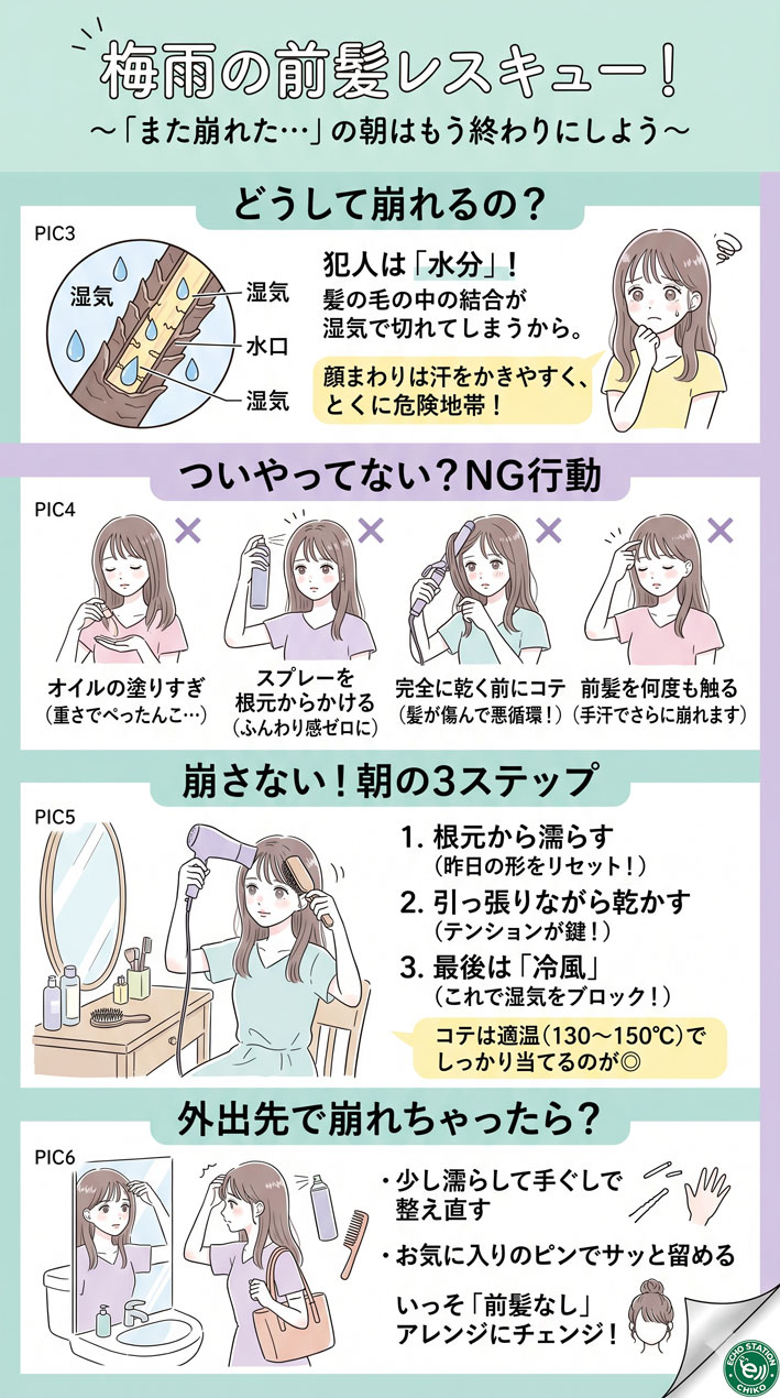 梅雨の前髪が崩れる…朝のセットが無駄になる原因と今日からできる対策インフォグラフ