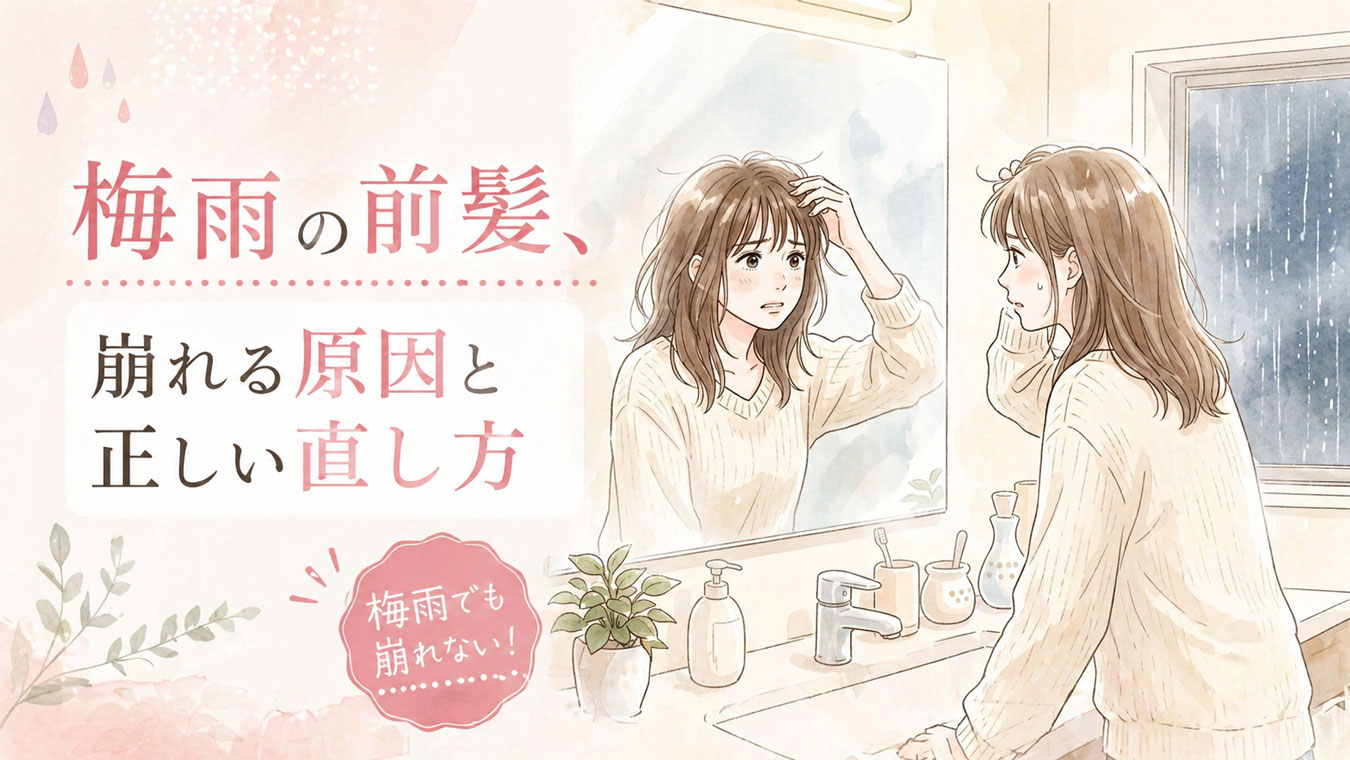 鏡の前で梅雨の湿気に崩れた前髪を見て困った顔をしている女性のイラスト