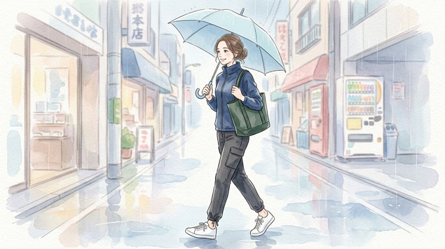 PIC6 | alt: 雨の日に撥水素材のコーデでおしゃれに歩く女性のイラスト