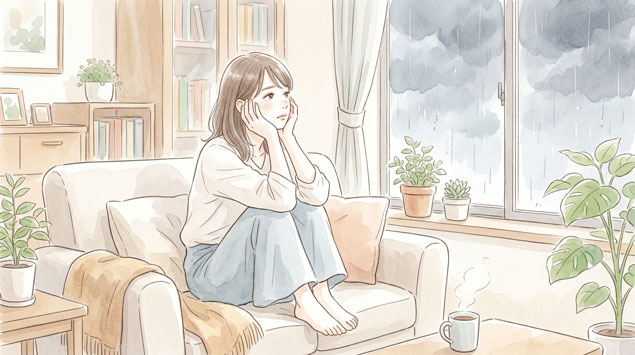 PIC5 | alt: 曇り空の窓の外を見つめながら頭を抱えてソファに座る女性のイラスト