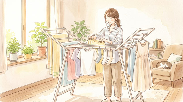 PIC4 | alt: アーチ型に洗濯物を干している明るい室内のイラスト