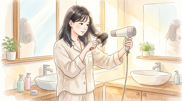 PIC3 | alt: ドライヤーで髪をブローする女性のイラスト