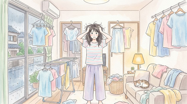 PIC2 | alt: 梅雨の湿気で髪がうねり洗濯物が乾かず頭を抱える女性のイラスト