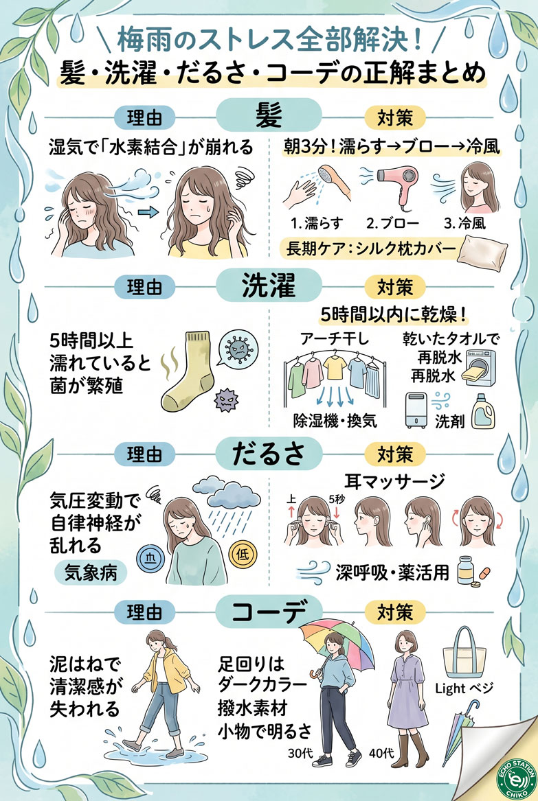 梅雨のストレス全部解決！髪・洗濯・だるさ・コーデの正解まとめインフォグラフ
