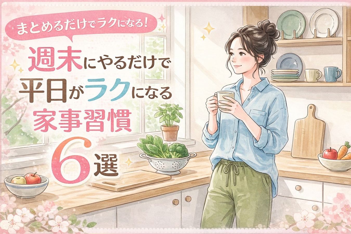 週末に気持ちよく家事をする女性のイラスト