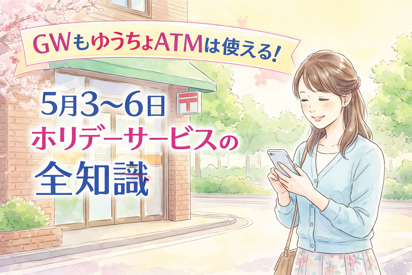 ゴールデンウィーク中にゆうちょ銀行ATMが使えることをスマホで確認する女性