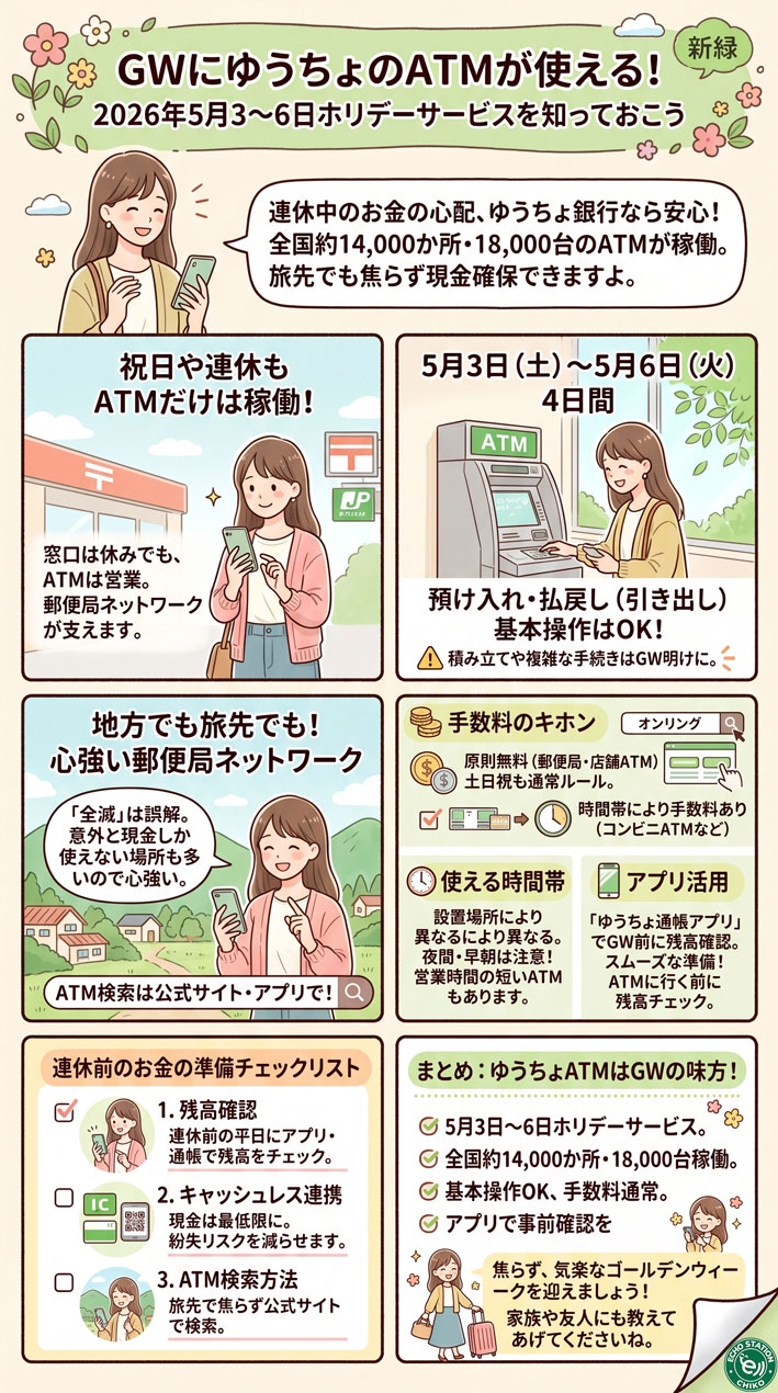 GWにゆうちょのATMが使える！2026年5月3〜6日ホリデーサービスを知っておこうインフォグラフ