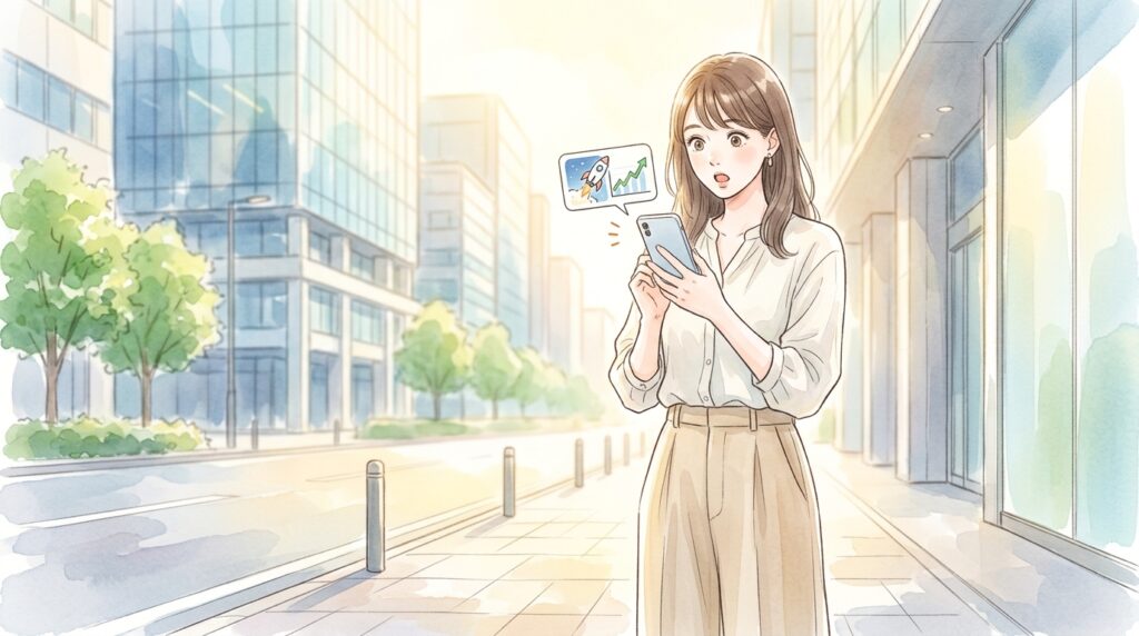 スマートフォンで株価情報をチェックして驚いた表情の女性のイラスト 売買代金が1年で倍増した