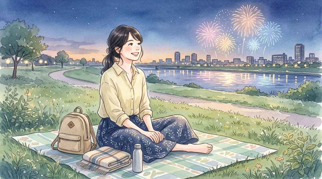 人混みを離れた公園でゆったり花火を楽しむ女性