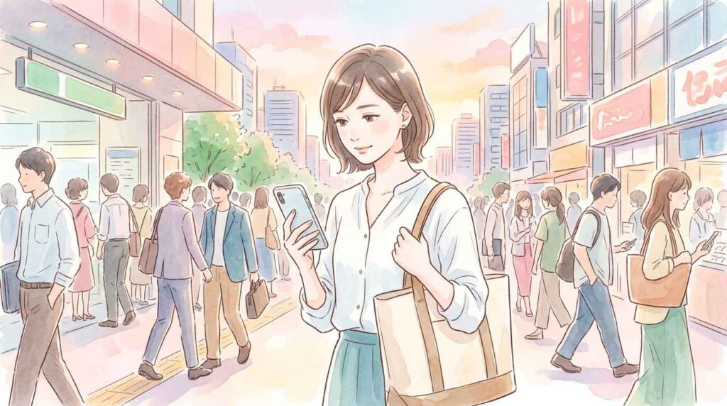 混雑した駅の出口でルートを確認する女性