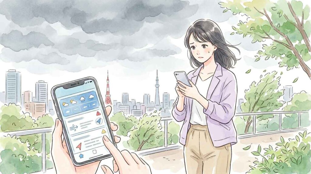 風が強い曇り空の下でスマートフォンで天気を確認する女性