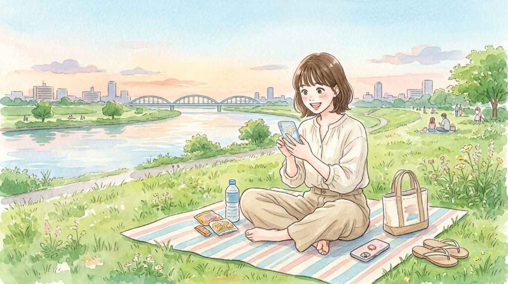 河川敷でスマートフォンで花火情報を確認する女性