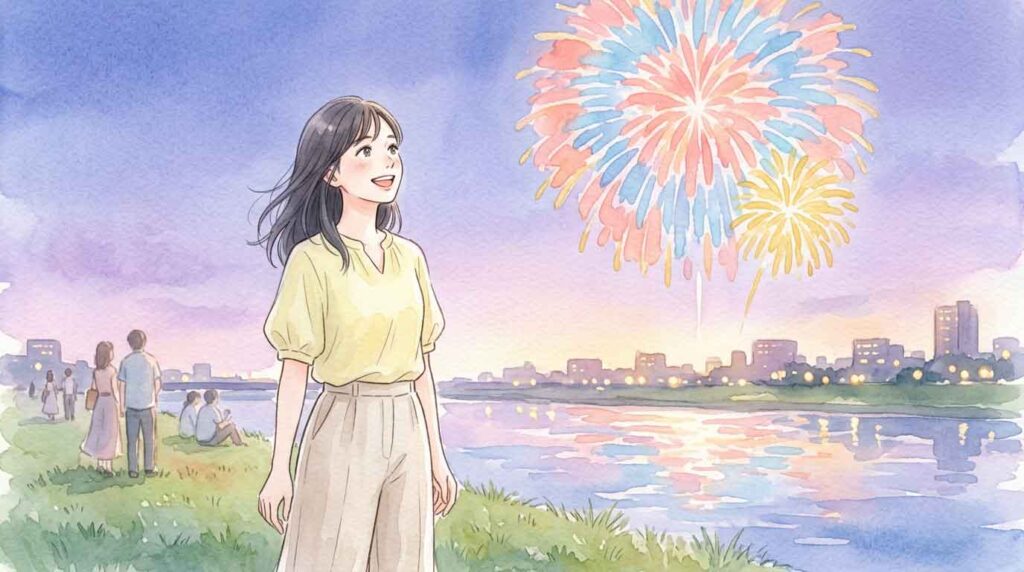 夜空に広がる花火を見上げる河川敷の女性 Q&A用