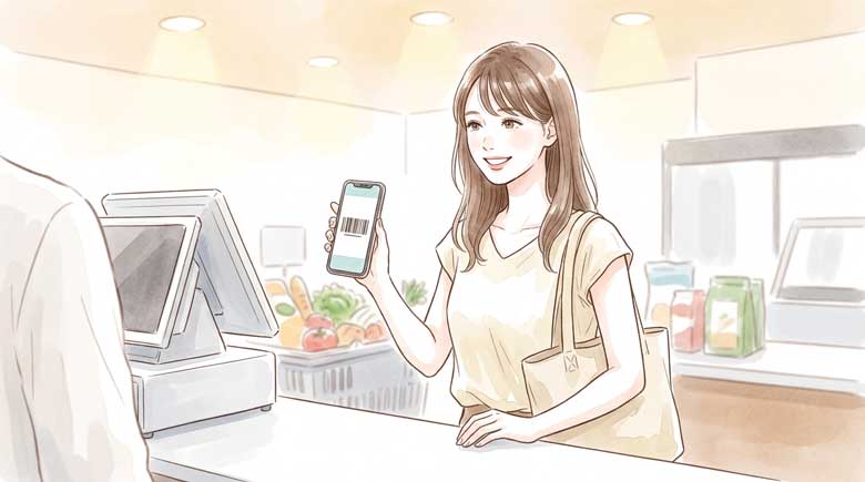 スマートフォンを持ちながらスーパーのレジでバーコードを提示している女性