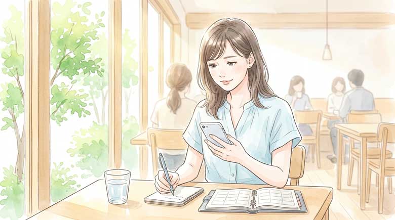 カフェのテーブルでスマートフォンに向かいながら家計の計算をしている女性