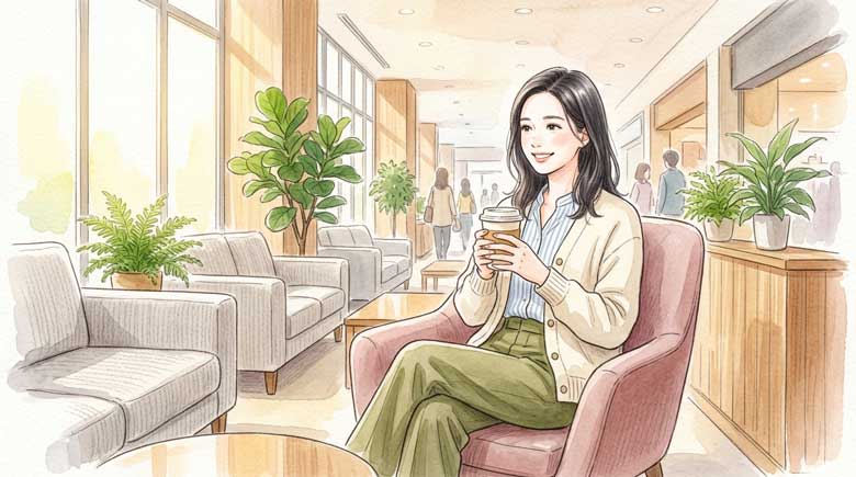 イオンオーナーズラウンジでドリンクを持ちながら座ってリラックスしている女性