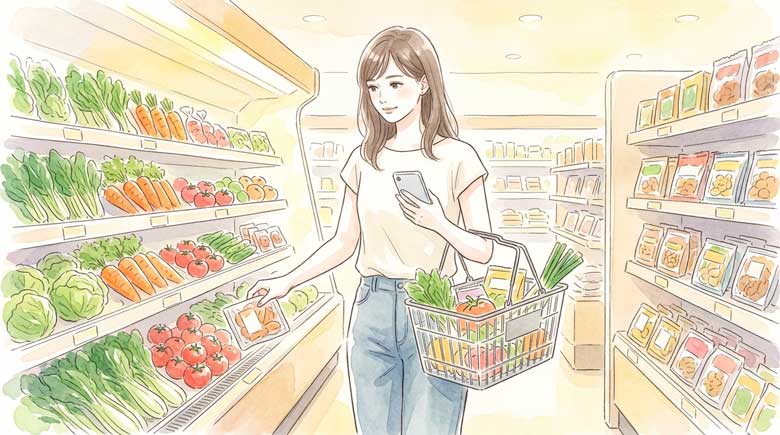 スーパーマーケットの食品売り場でカゴに商品を入れながらスマホを確認する女性