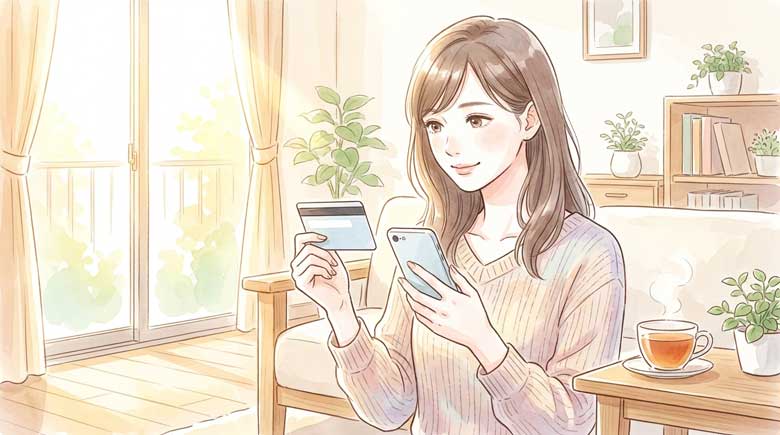 PIC2 | alt: 明るい日差しの入るリビングでスマートフォンを見ながら株主カードを確認している女性