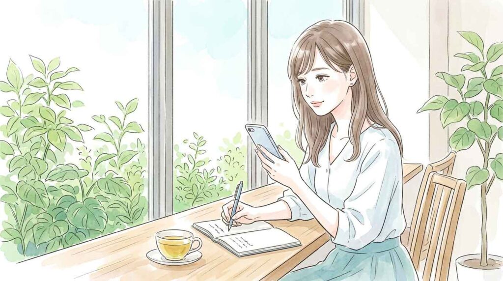 カフェでノートにメモしながら落ち着いた表情でスマートフォンを見ている女性のイラスト
