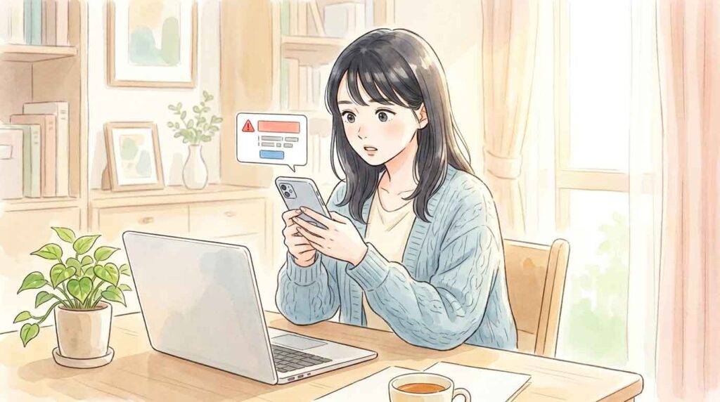 スマートフォンを手に持ちながら画面に表示された警告メッセージを見て驚く女性のイラスト