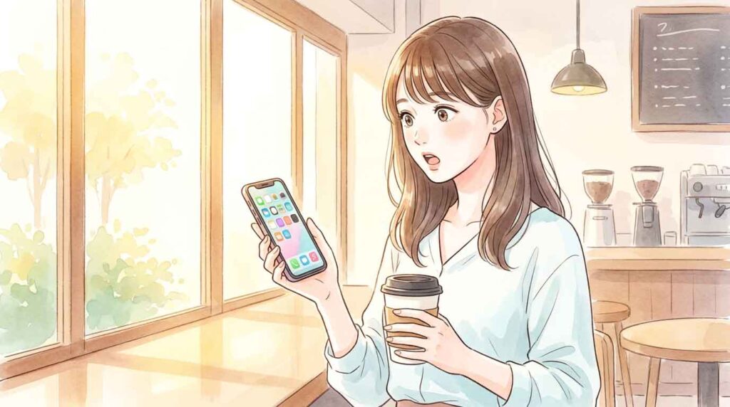 複数のAIアプリのアイコンが並ぶスマートフォンの画面を見て驚く女性のイラスト