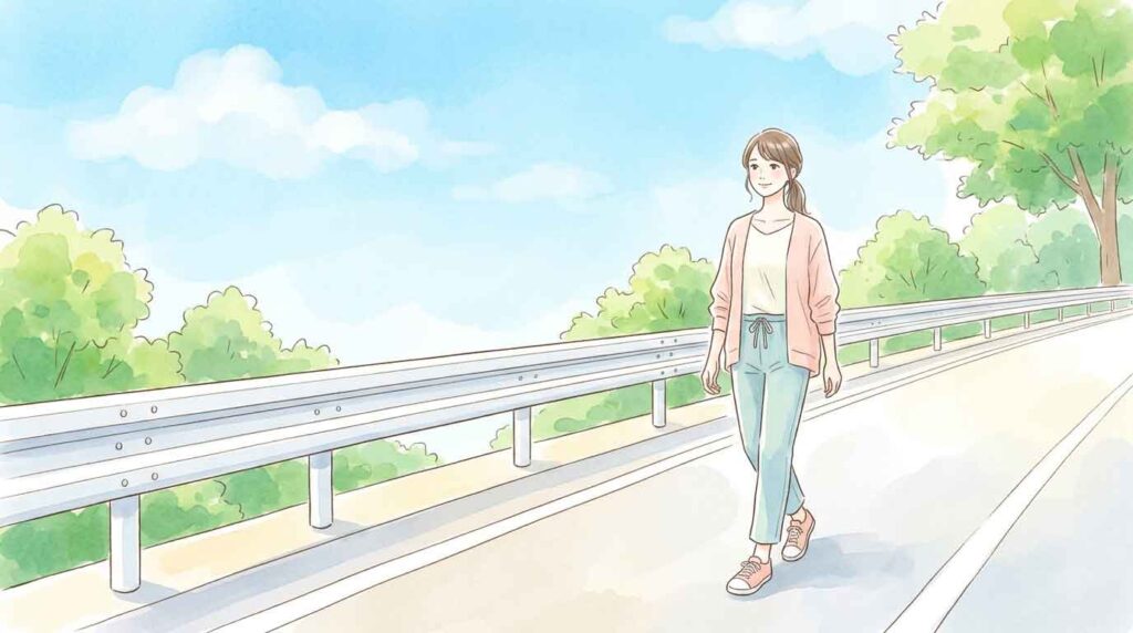 フェンス(ガードレール)が道路の端に設けられているイラスト、安全を象徴する場面