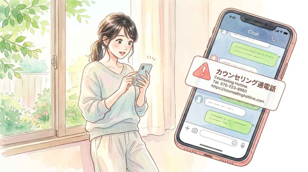 スマートフォンの画面に相談窓口の案内が表示されているイラスト