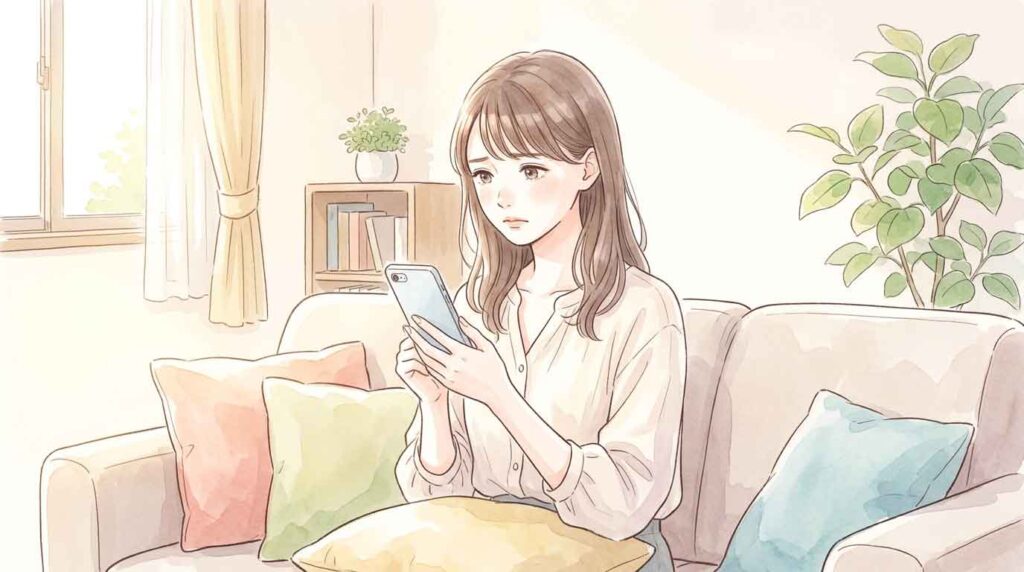 スマートフォンでAIチャットに悩みを入力しようとして考え込む女性のイラスト title: AIに悩みを相談する女性