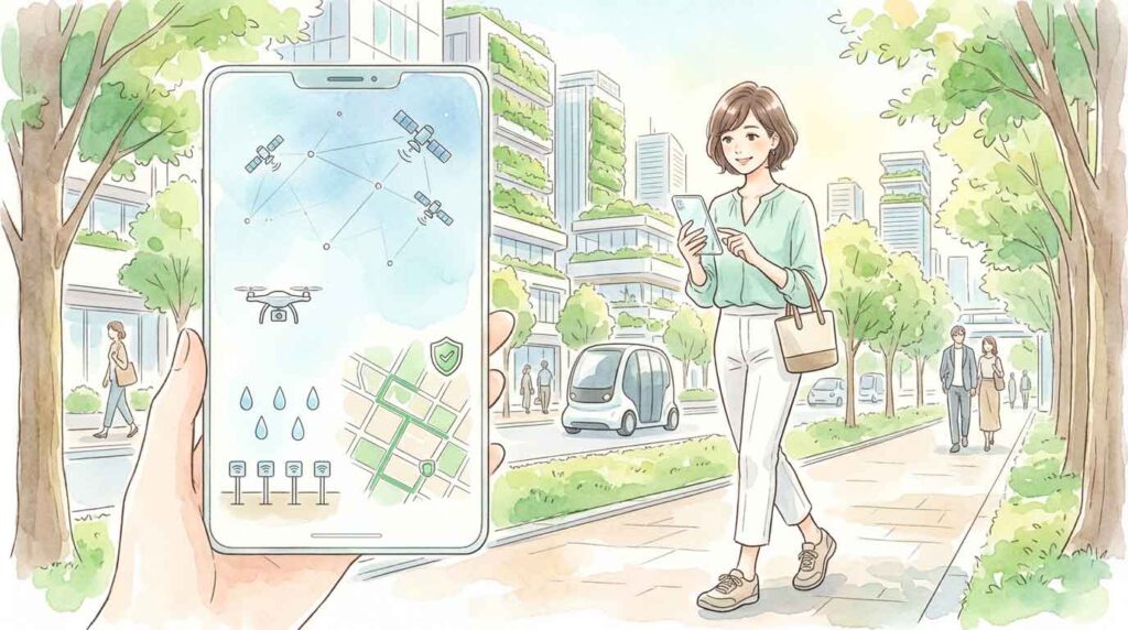 未来の街で気象情報を確認する女性