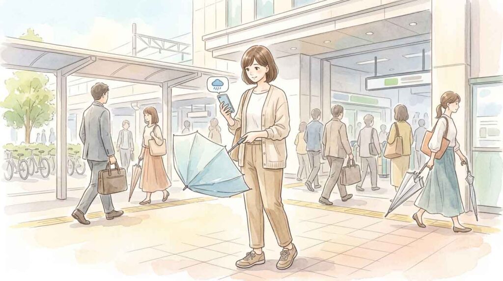 雨雲通知を受けて駅前で傘を出す女性