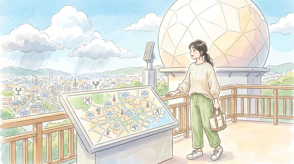 レーダーと街の気象センサーを眺める女性