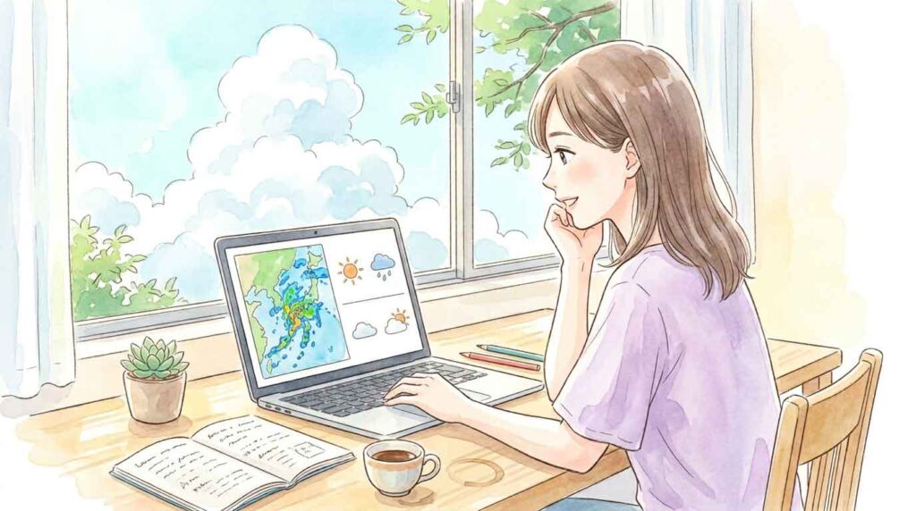 気象データとAI予測をパソコンで見る女性