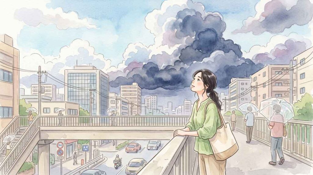 都市の上に急発達する雨雲を見上げる女性