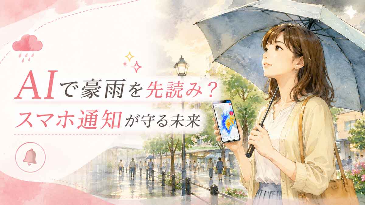 急な雨雲を見上げながらスマホ通知を確認する女性