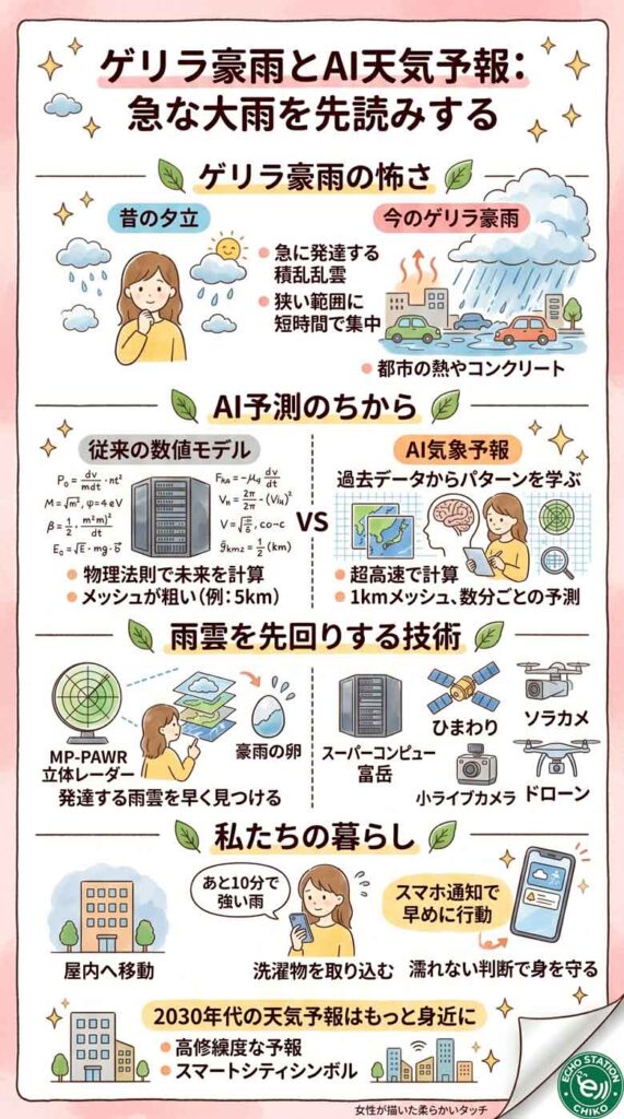 AIでゲリラ豪雨はどこまで予測できる?スマホ通知の裏側にある未来の防災インフォグラフ