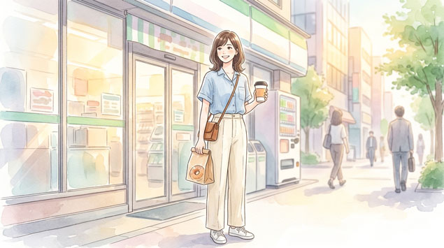コンビニに立ち寄って朝のドーナツを選ぶ通勤中の女性のイラスト