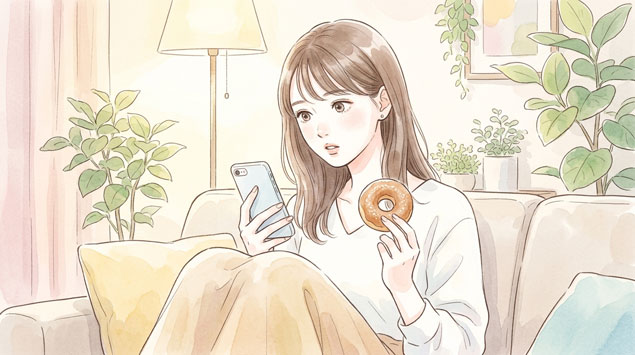 スマートフォンで口コミを確認しながら悩む表情の女性のイラスト