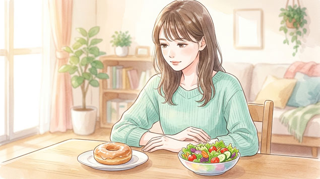 健康的な食事とドーナツを天秤にかけながら考える女性のイラスト