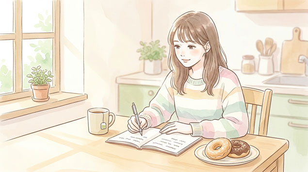 テーブルに並んだドーナツとノートにカロリーを書き込む女性のイラスト