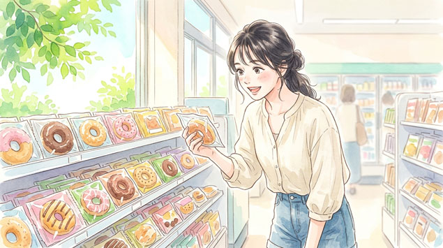 夏のさわやかな雰囲気のコンビニ売り場でドーナツを選ぶ女性のイラスト