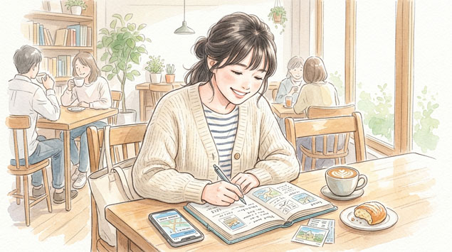 ▶ カフェで計画を立てる女性
