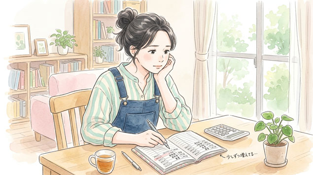 ▶ 家計簿を見ながら悩む女性