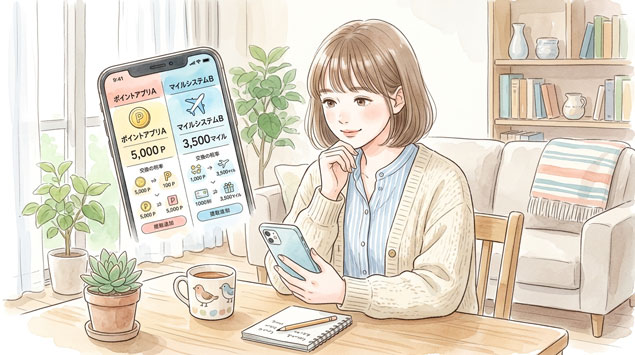 ▶ ポイントカードやスマホアプリを見る女性