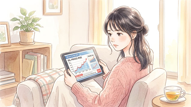 ▶ 原油価格のグラフとニュースを見る女性