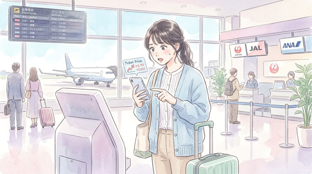 ▶ 空港と飛行機、料金表示に驚く女性のイメージ