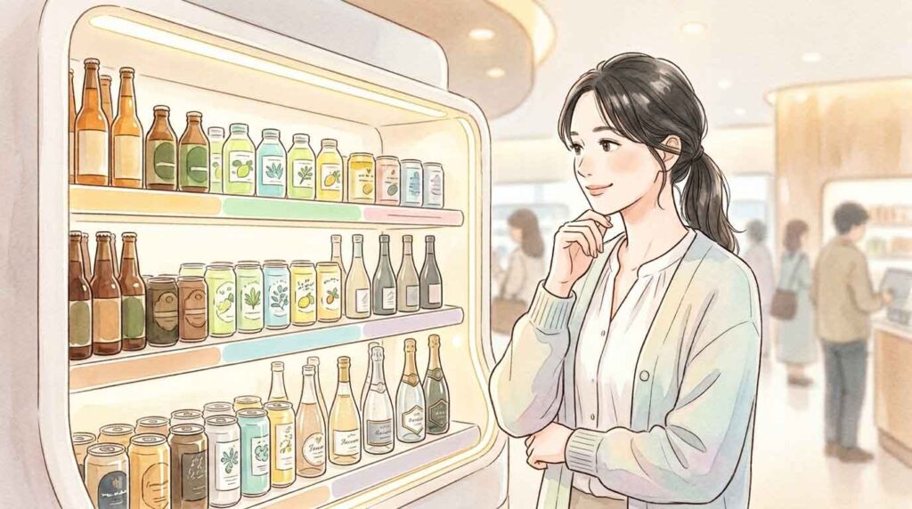 未来の飲料売り場を見ながら前向きに考える女性