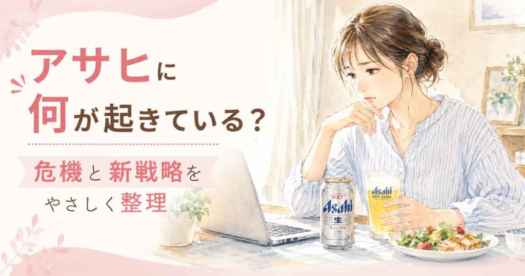 ビール缶とノンアル飲料を前にニュースを確認する女性