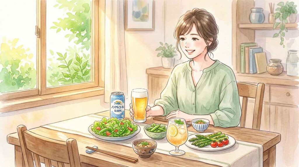  仕事帰りの自宅でノンアル飲料と夕食を楽しむ女性